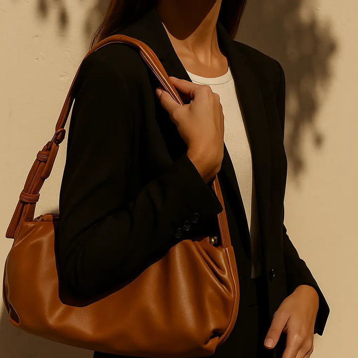 Vivian Pleated Baguette in Tan