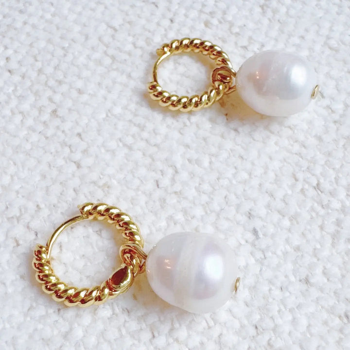 Cabled Huggie Pearl Earrings