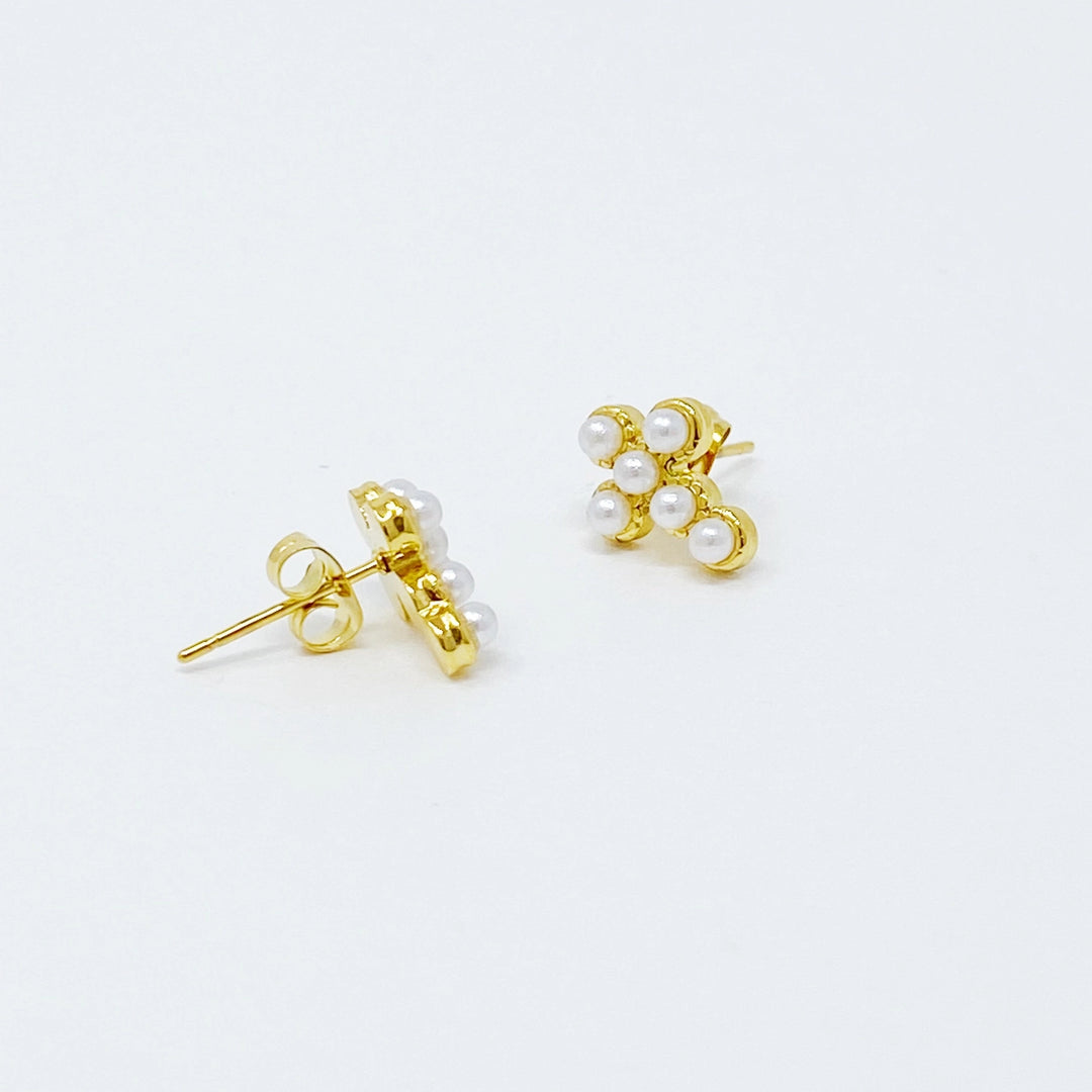Cross Stud Earrings, Pearl