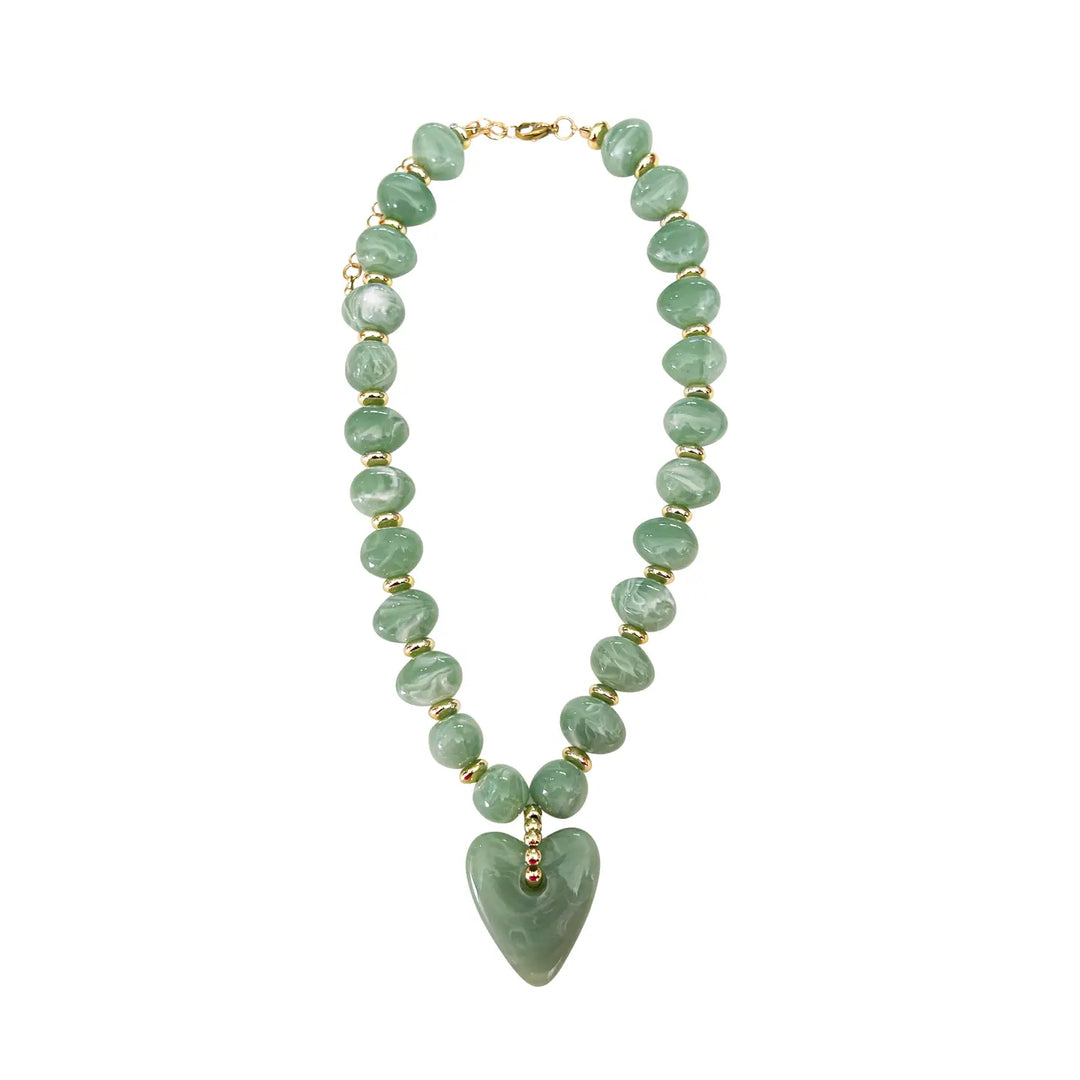 Athens Green Beaded Necklace with Heart Charm