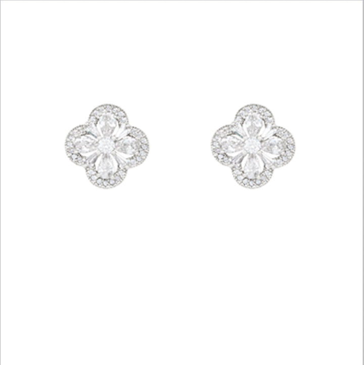 CZ Baguette Clover Stud Earrings