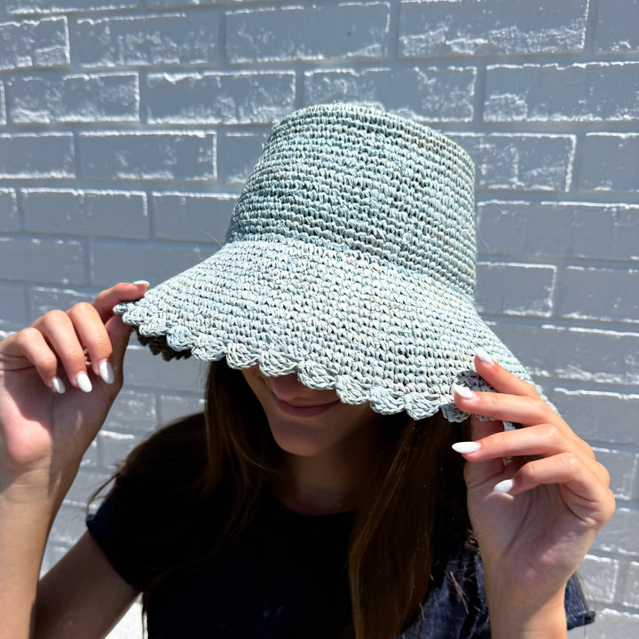 Wyeth Lacey Raffia Bucket Hat in Light Blue