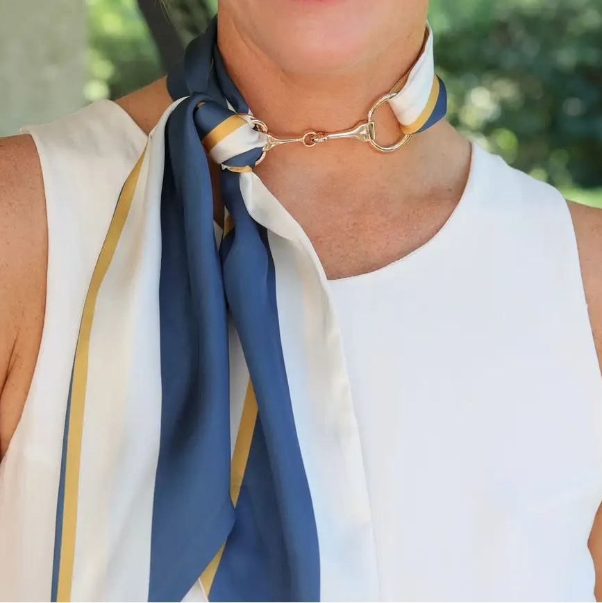 Horsebit Buckle Navy Scarf Necklace