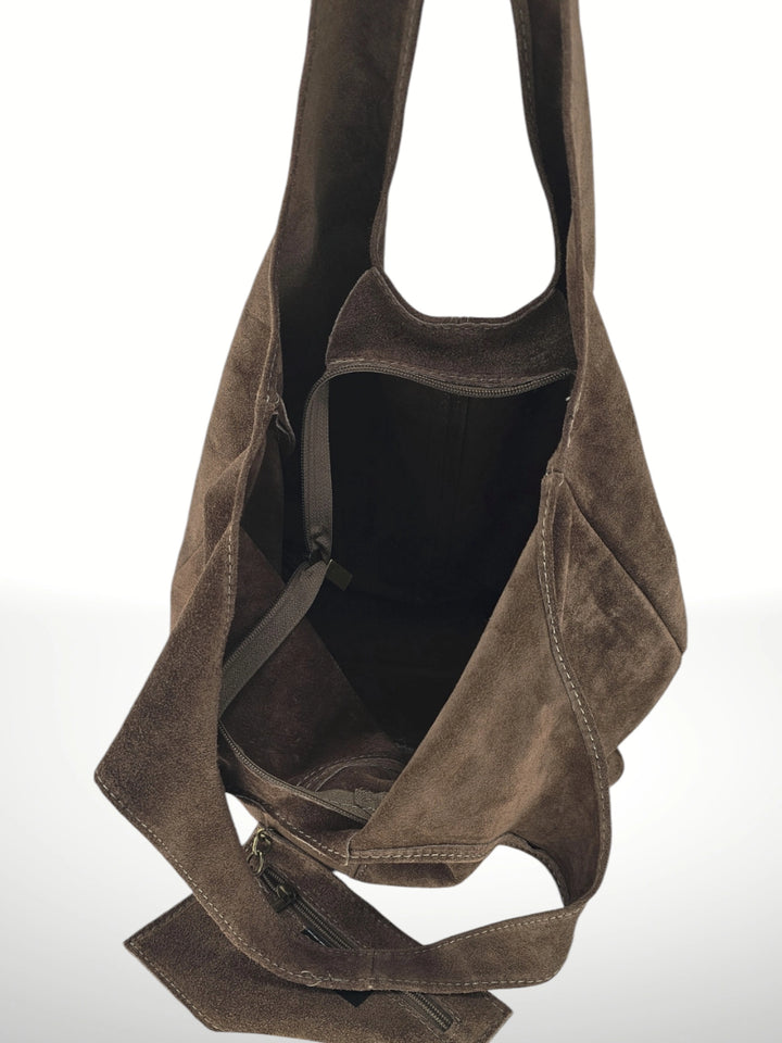 Giannina Suede Leather Shoulder Bag, Taupe