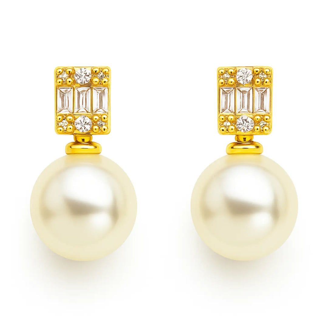 Pearl & Baguette Cz Stud Earrings